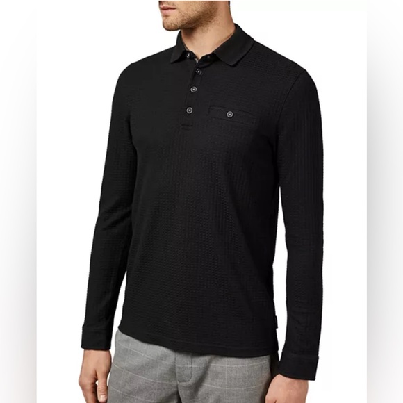 Ted Baker Krispie Black Waffle Knit Textured Long-Sleeve Polo Shirt Size Medium - Picture 1 of 13